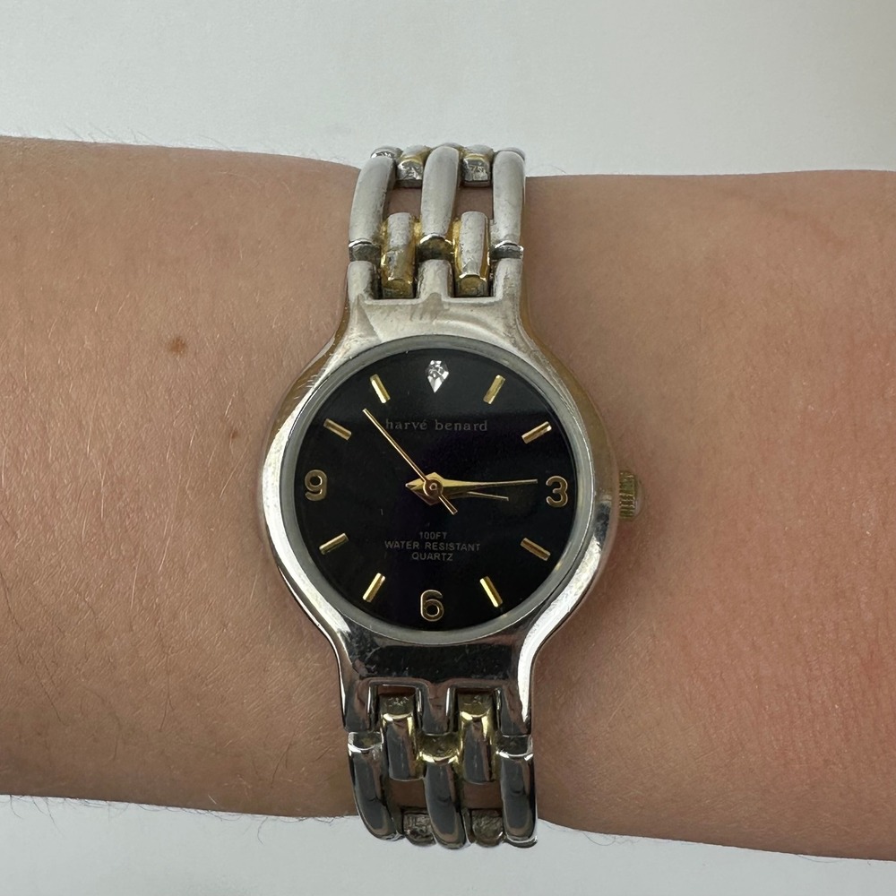 Harve Benard Watch Two Tone Silver Gold Black Dial Diamond Accent NV645 Vintage
